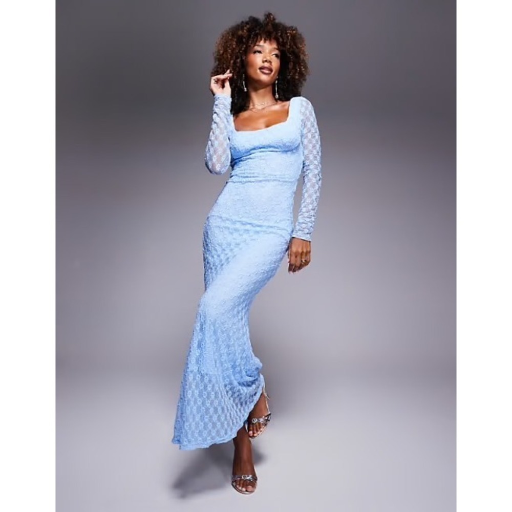 Bardot Light Blue Lace Square Neck Long Sleeve Maxi Dress Cornflower - Picture 2 of 13